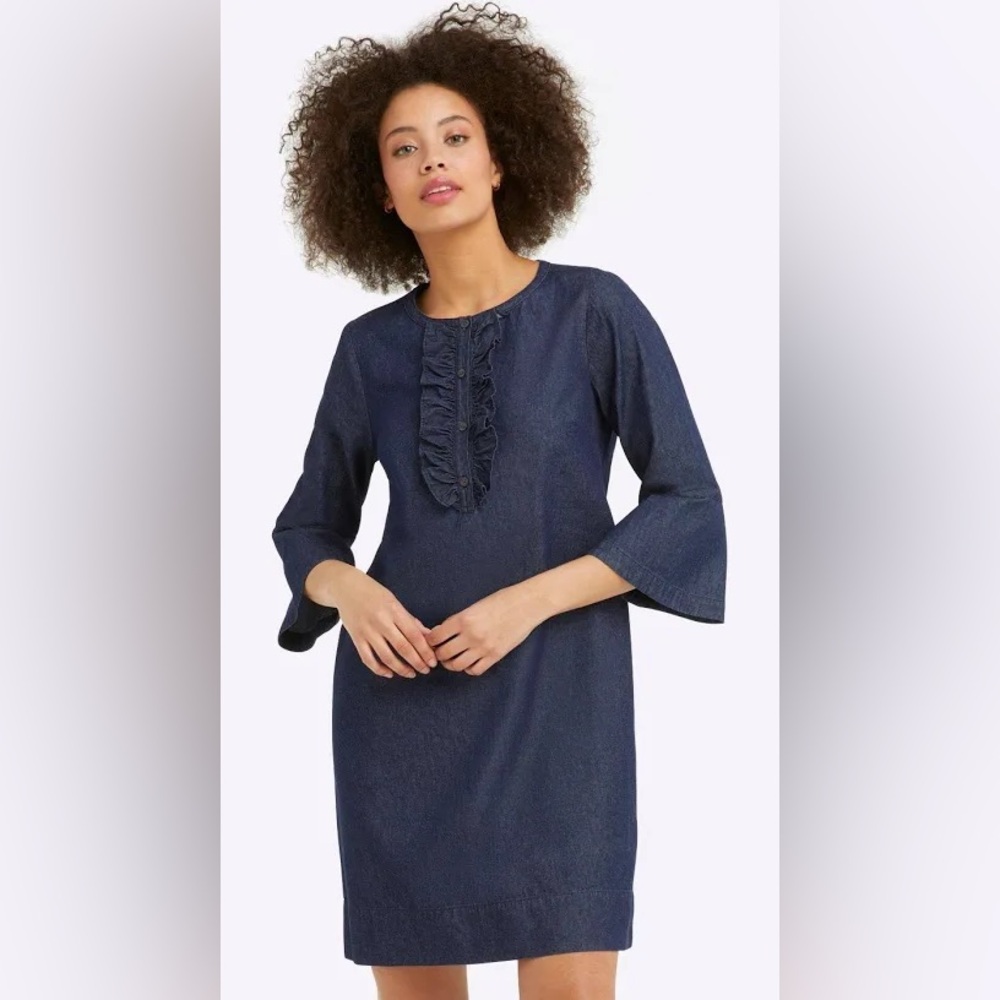 Draper James Chambray Ruffle Shift Dress Bell Sleeves Size 10 NWT